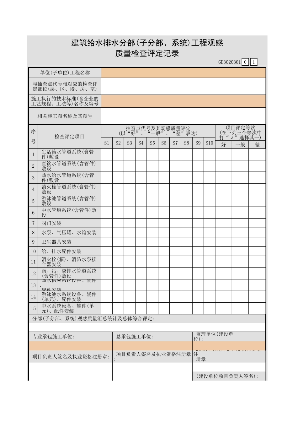 建筑给水排水分部(子分部、系统)工程观感质量检查评定记录GD3020301.xls_第1页