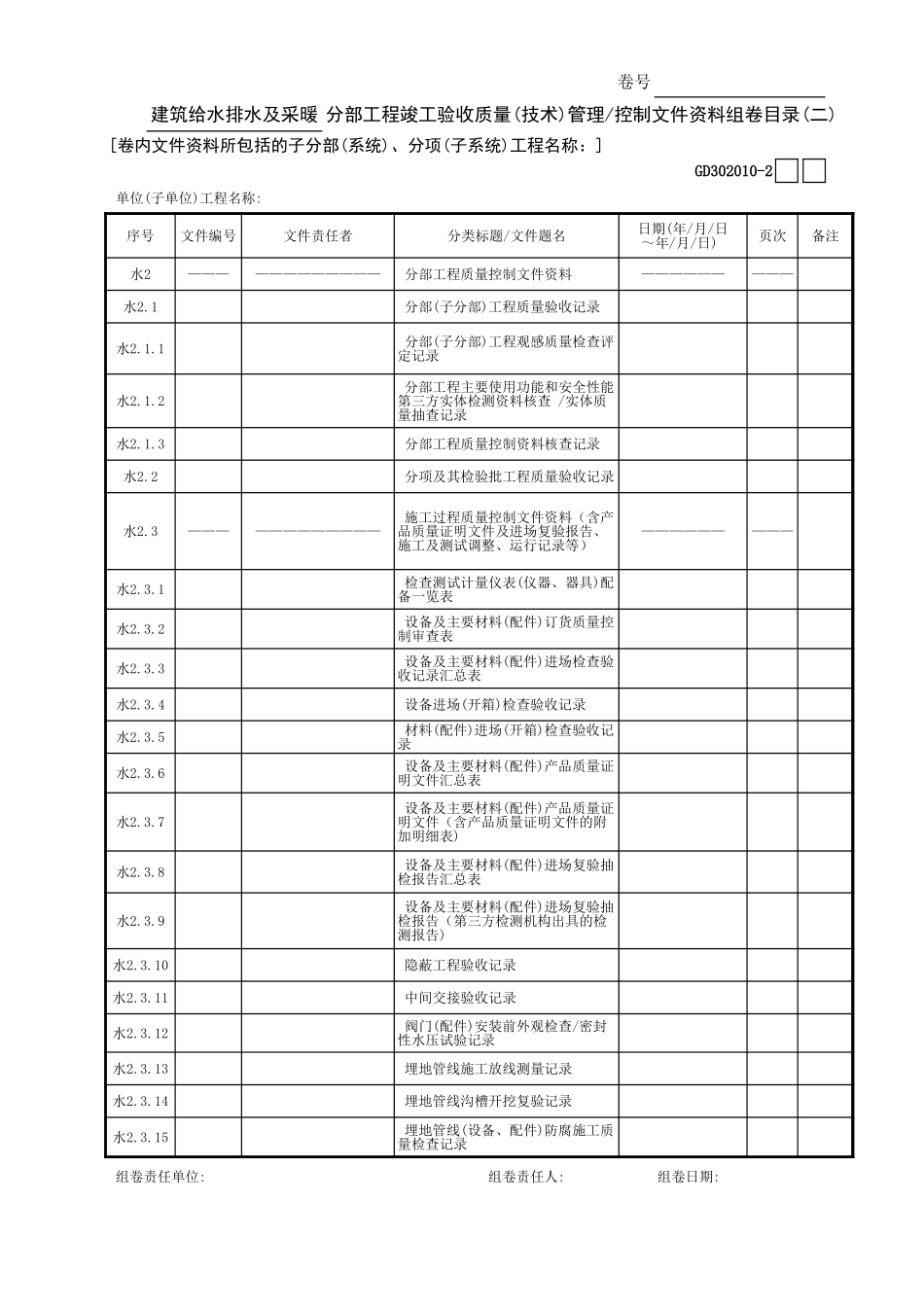 建筑给水排水及采暖分部工程竣工验收质量(技术)管理—控制文件资料组卷目录(2)GD3020101.xls_第1页