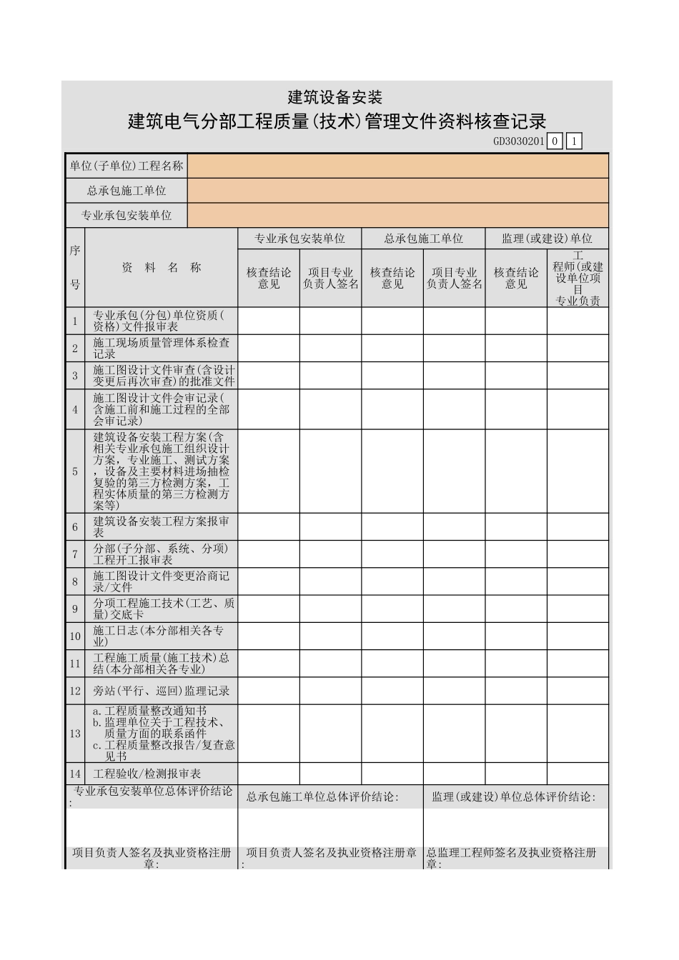 建筑设备安装建筑电气分部工程质量(技术)管理文件资料核查记录GD3030201.xls_第1页