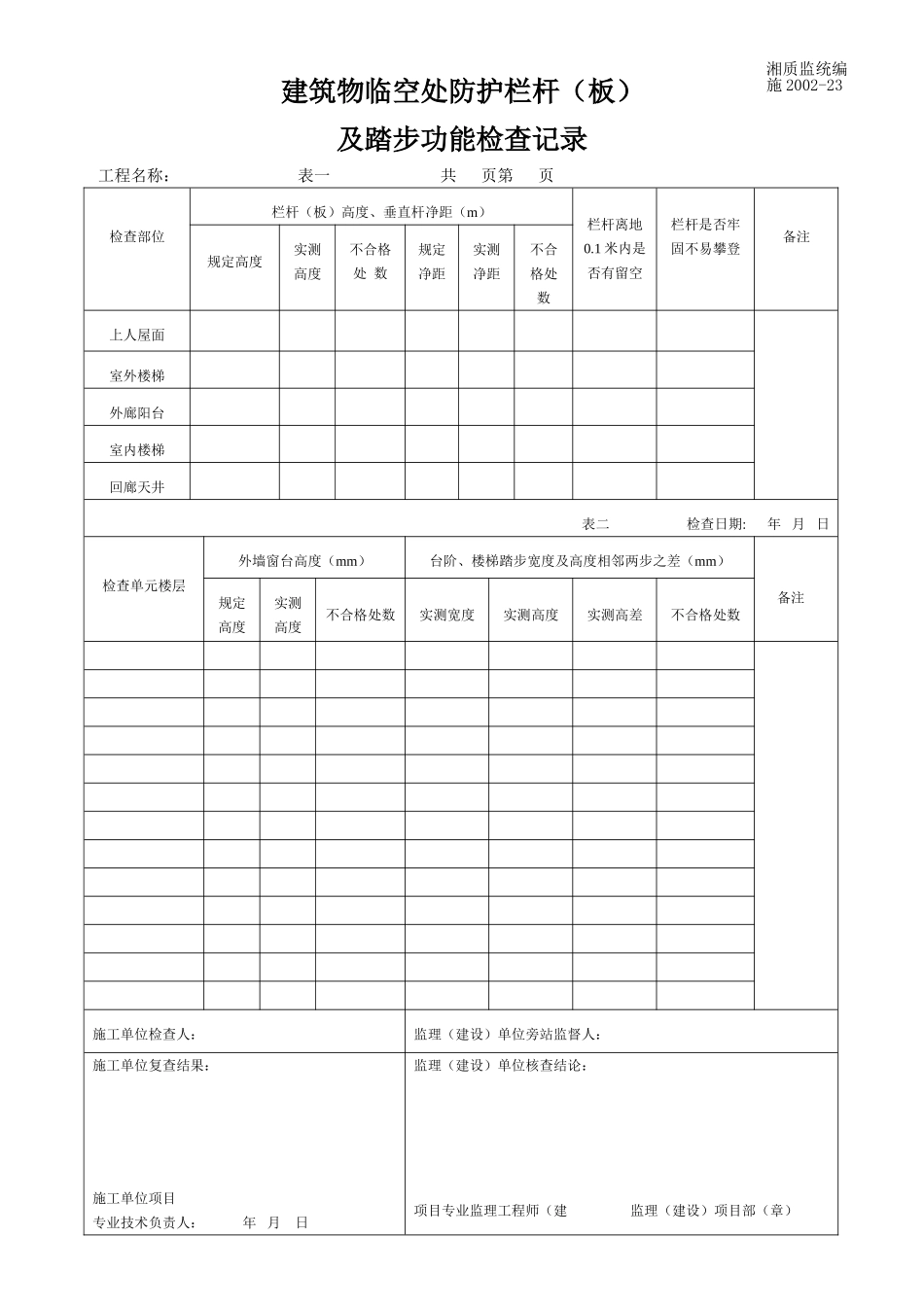 建筑物临空处防护栏杆（板）及踏步功能检查记录 施2002-23.doc_第1页