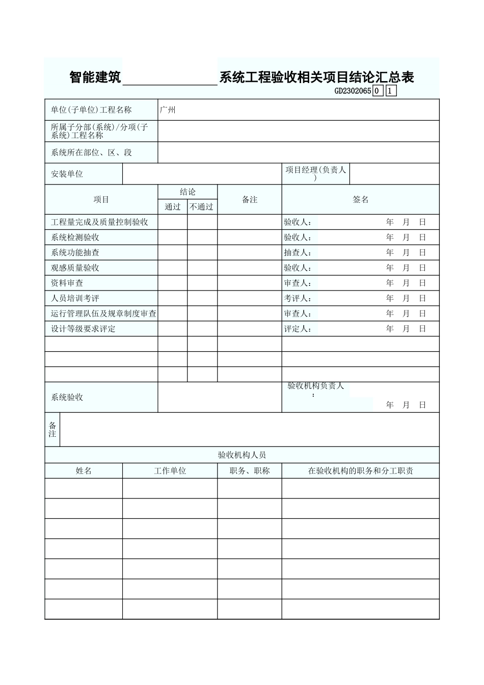 建筑智能 系统工程验收相关项目结论汇总表 GD2302065.xls_第1页