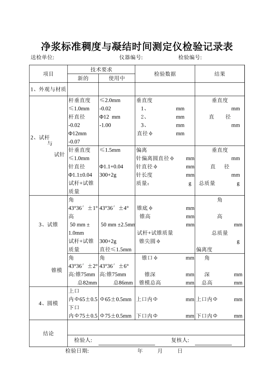 净浆标准稠度与凝结时间测定仪检验记录表.xls_第1页