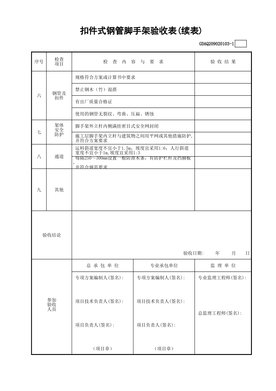扣件式钢管脚手架验收表(含续表)GDAQ209020103.xls_第2页