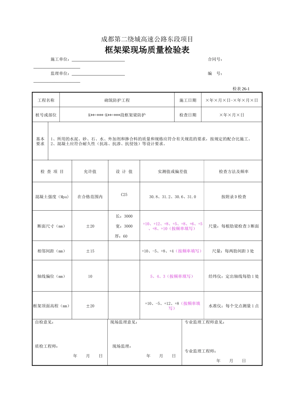 框架梁现场质量检验表（检表26-1）.doc_第1页