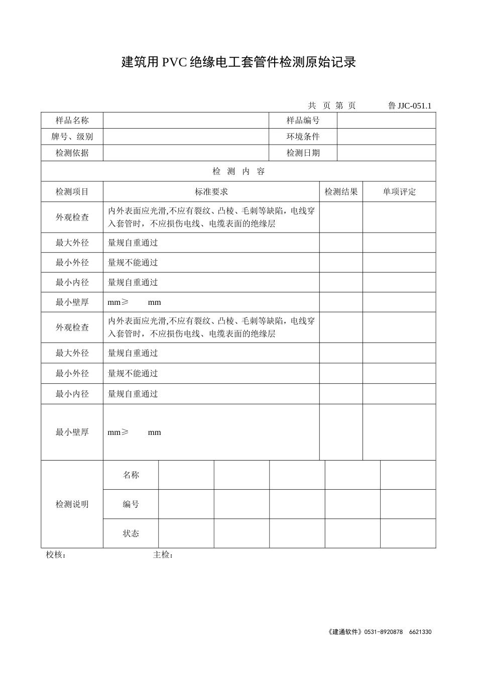 鲁JJC-051.1建筑用PVC绝缘电工套管件检测原始记录.doc_第1页