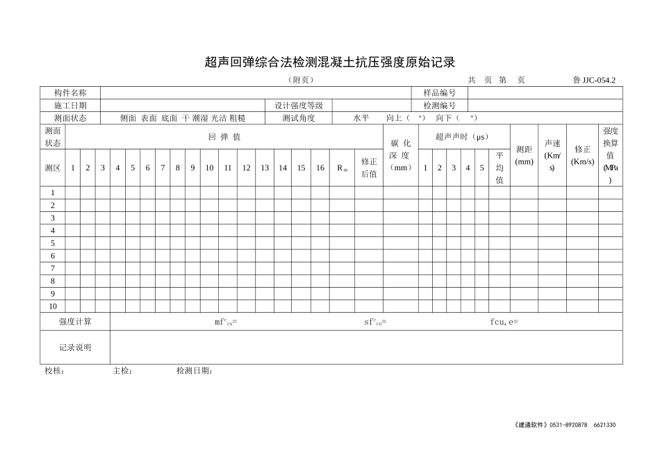 鲁JJC-054.2超声回弹综合法检测混凝土抗压强度原始记录.doc_第1页