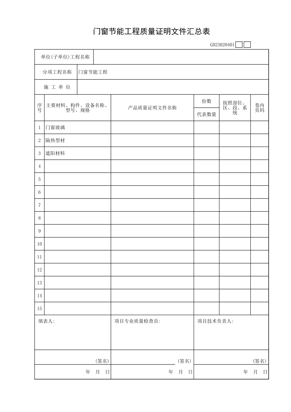 门窗节能工程质量证明文件汇总表GD23020401.xls_第1页