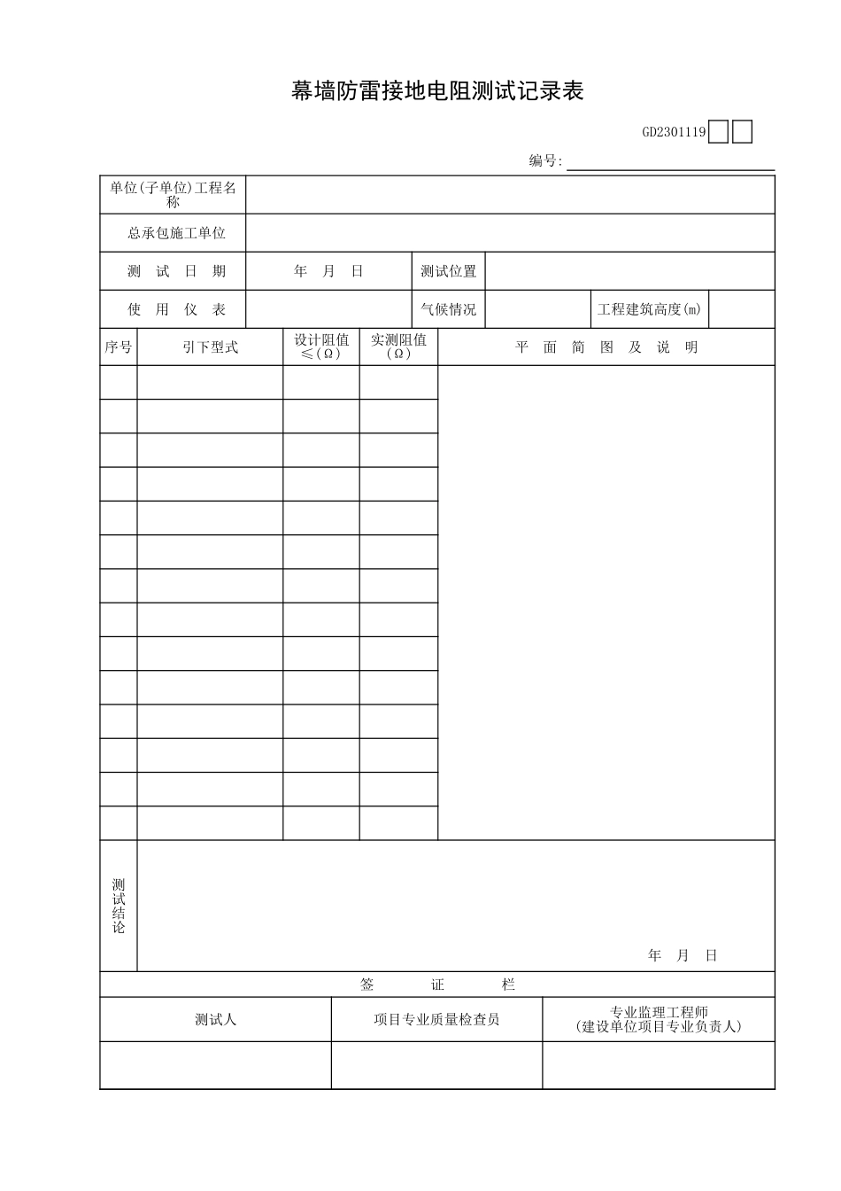 幕墙防雷接地电阻测试记录表GD2301119.xls_第1页