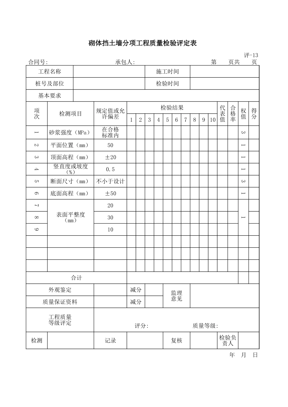 评-13砌体挡土墙分项工程质量检验评定表.xls_第1页