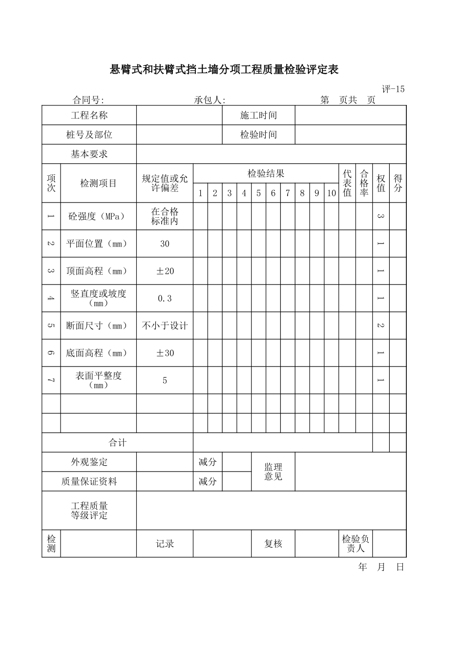 评-15悬臂式和扶臂式挡土墙分项工程质量检验评定表.xls_第1页