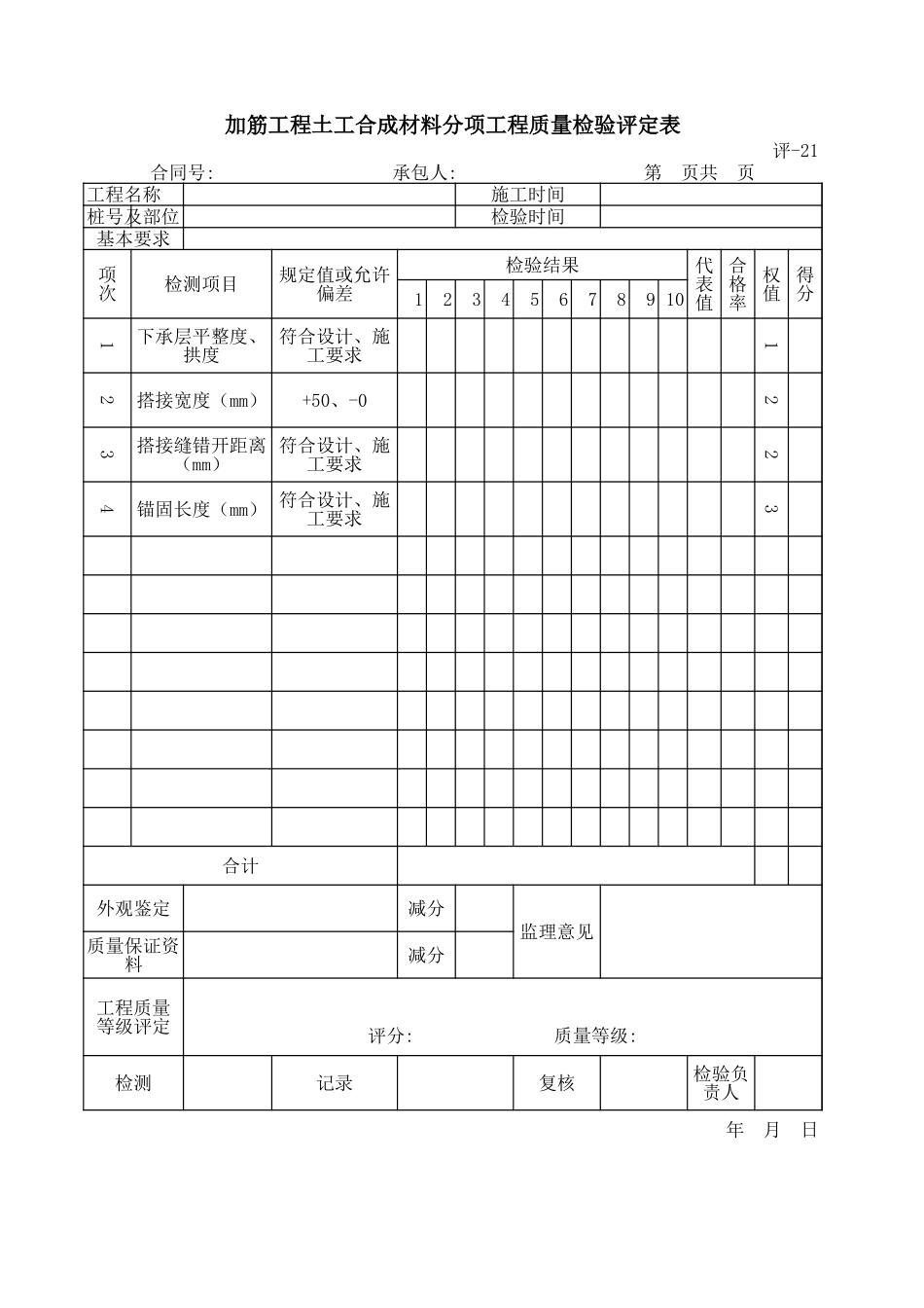 评-21加筋工程土工合成材料分项工程质量检验评定表.xls_第1页