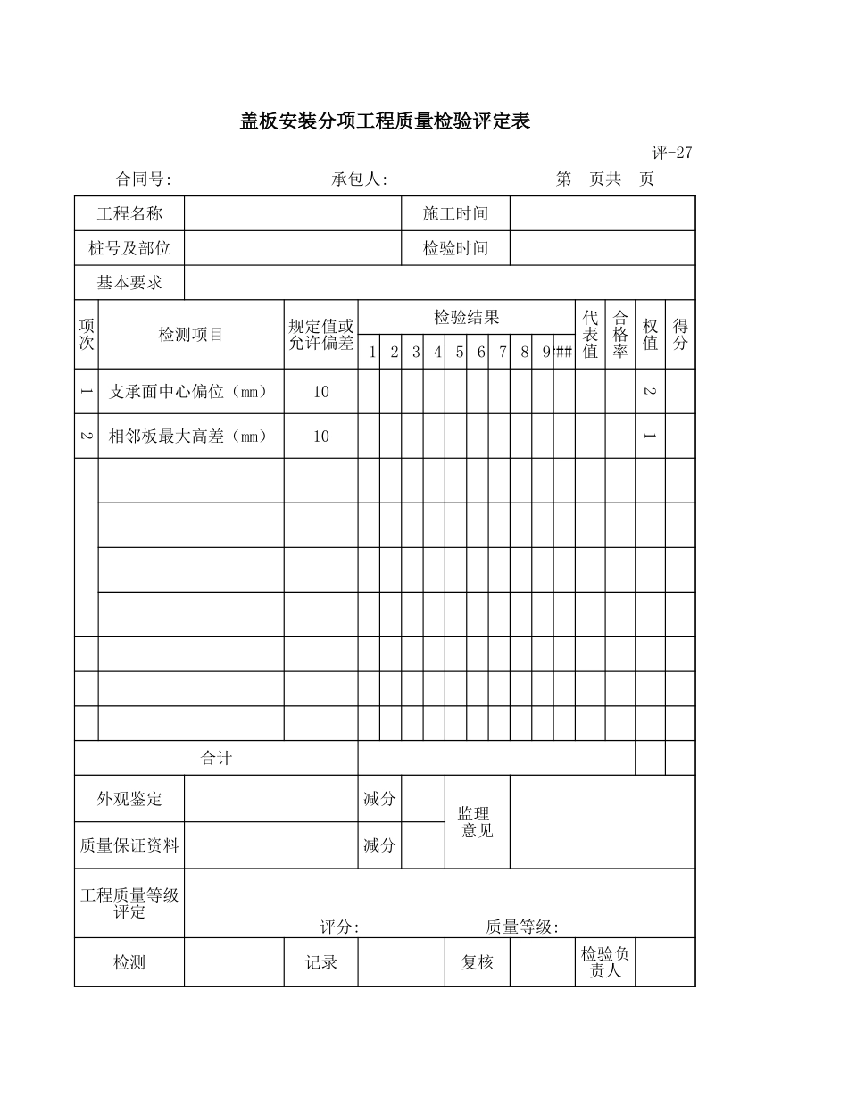 评-27盖板安装分项工程质量检验评定表.xls_第1页