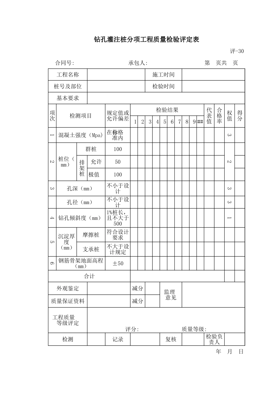评-30钻孔灌注桩分项工程质量检验评定表.xls_第1页