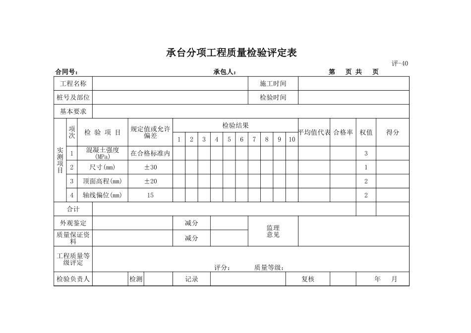 评-40承台分项工程质量检验评定表.xls_第1页