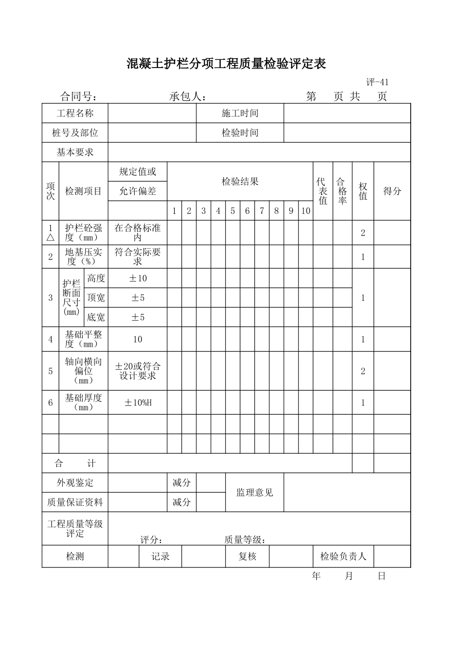 评-41混凝土护栏分项工程质量检验评定表.xls_第1页