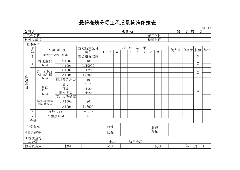 评-49悬臂浇筑分项工程质量检验评定表.xls_第1页
