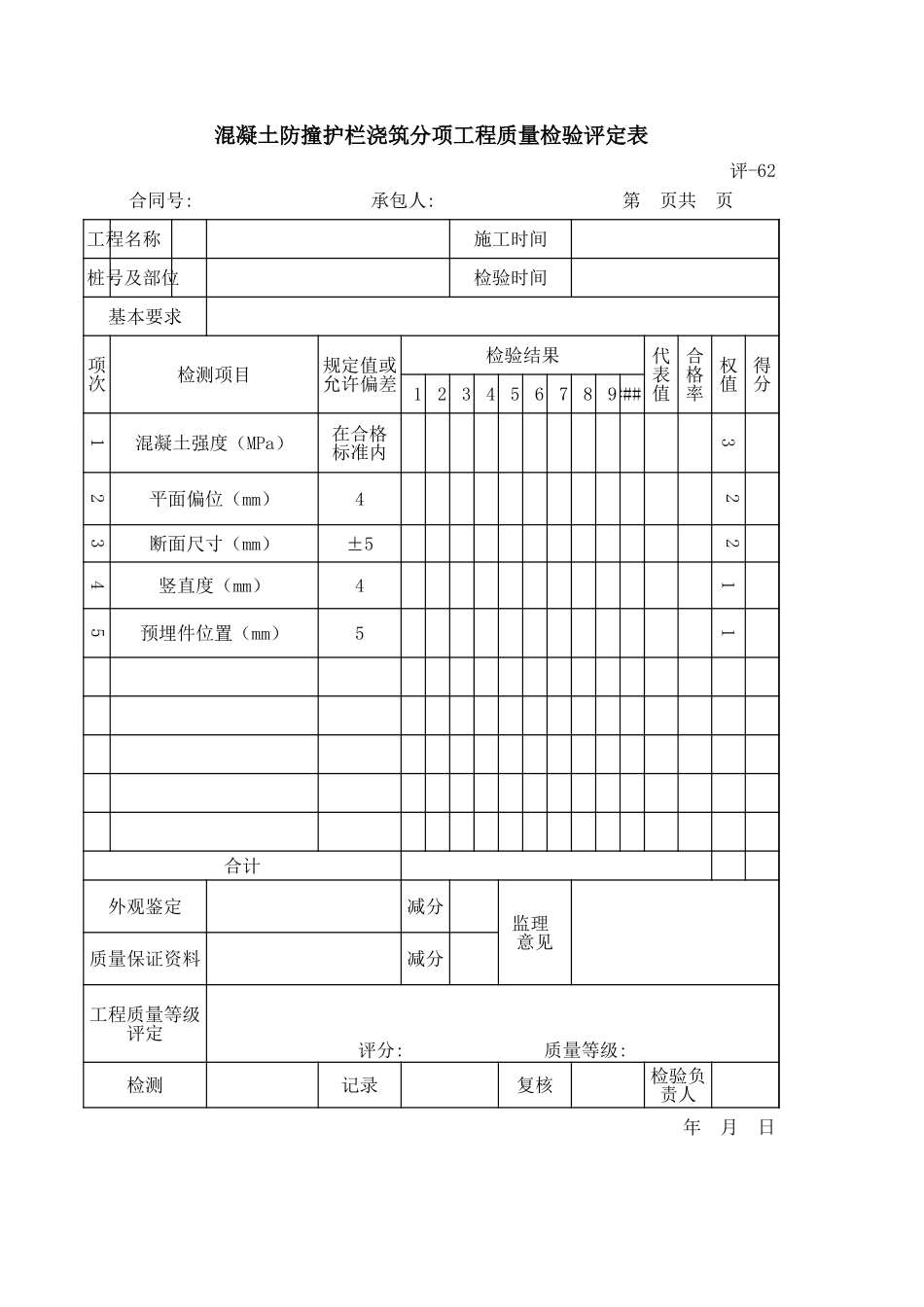 评-62混凝土防撞护栏浇筑分项工程质量检验评定表.xls_第1页