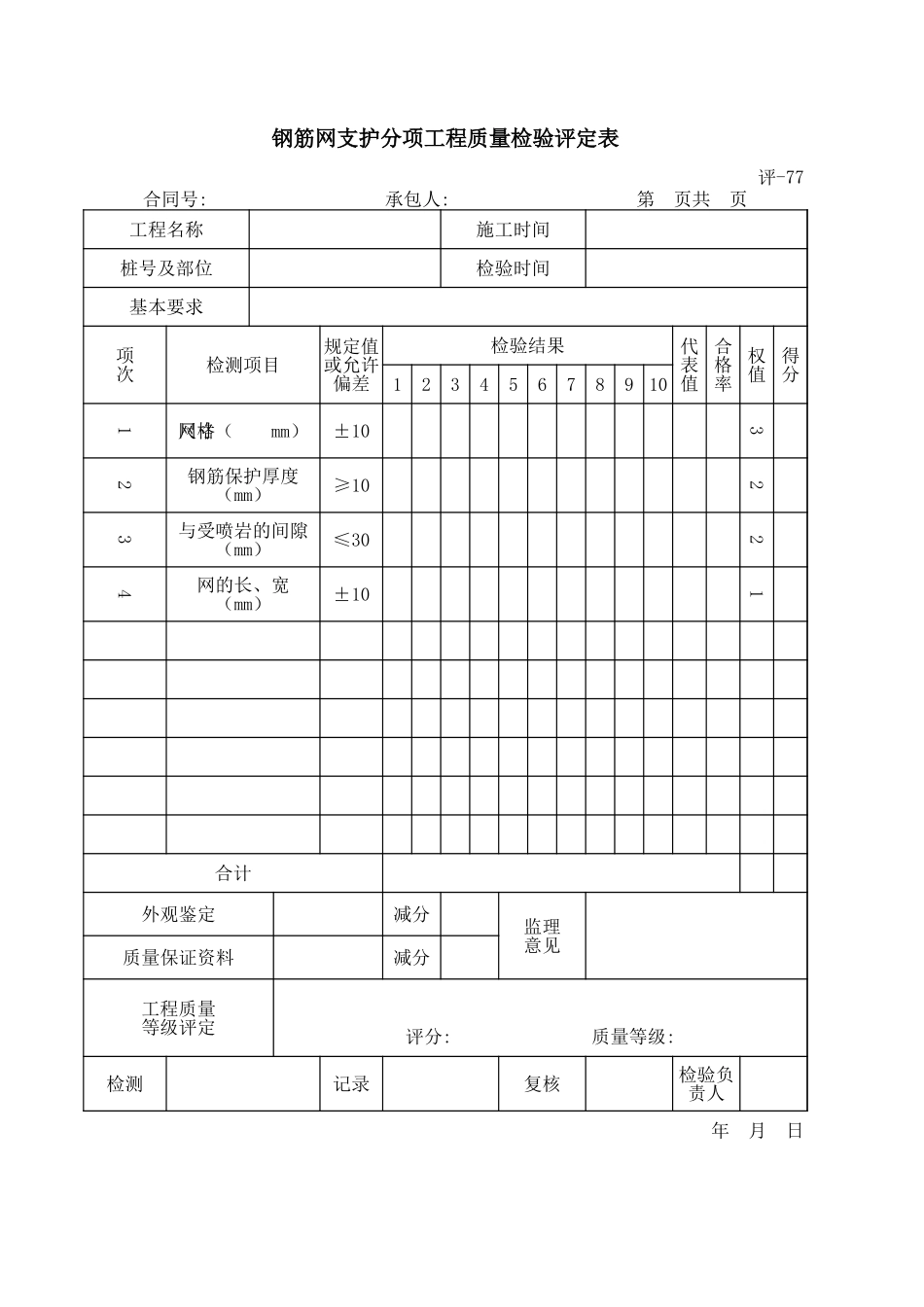 评-77钢筋网支护分项工程质量检验评定表.xls_第1页