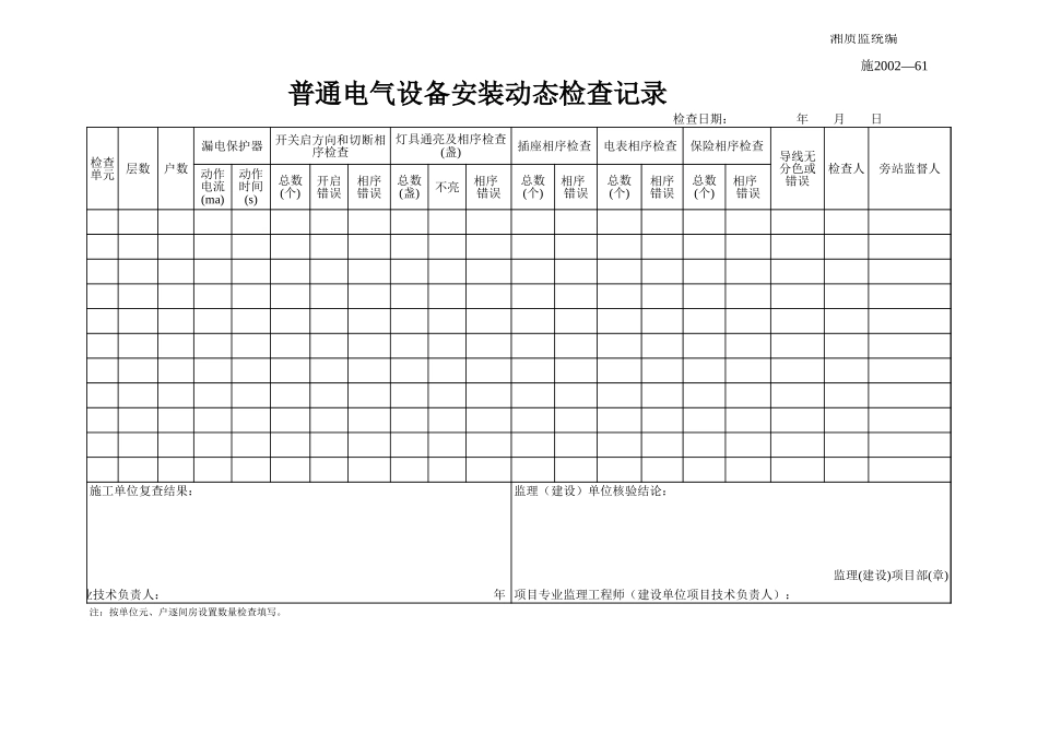普通电气设备安装动态检查记录 施2002-61.xls_第1页