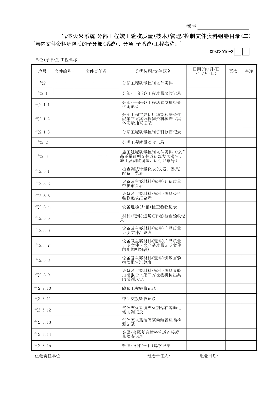 气体灭火系统分部工程竣工验收质量(技术)管理控制文件资料组卷目录(2)GD3080101.xls_第1页