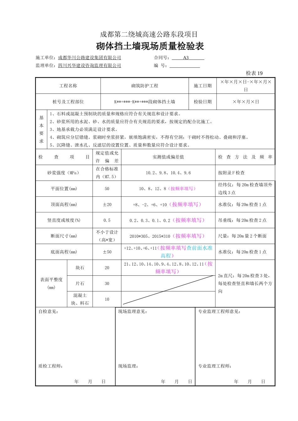 砌体挡土墙现场质量检验表.doc_第1页