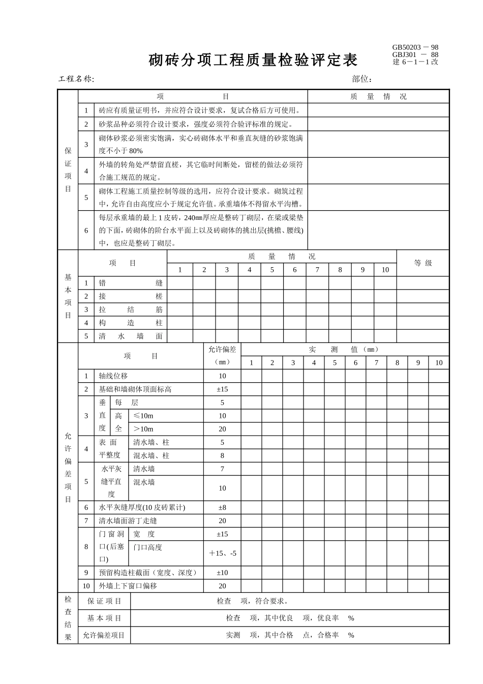 砌砖分项工程质量检验评定表.doc_第1页