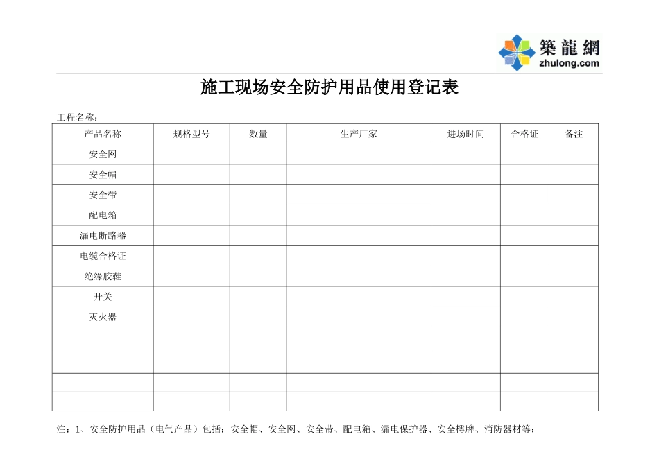 施工现场安全防护用品使用登记表.doc  龙.doc_第1页
