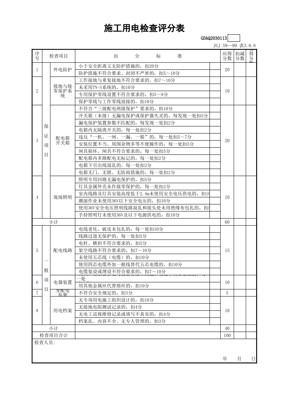 施工用电检查评分表GDAQ2030113.xls_第1页