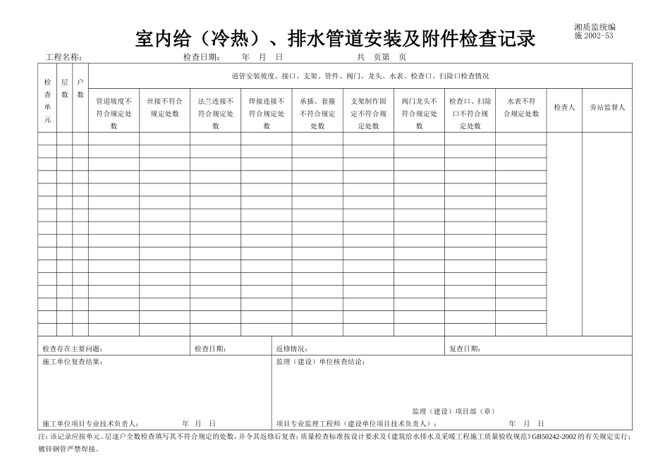 室内给（冷热）、排水管道安装及附件检查记录 施2002-53.doc_第1页