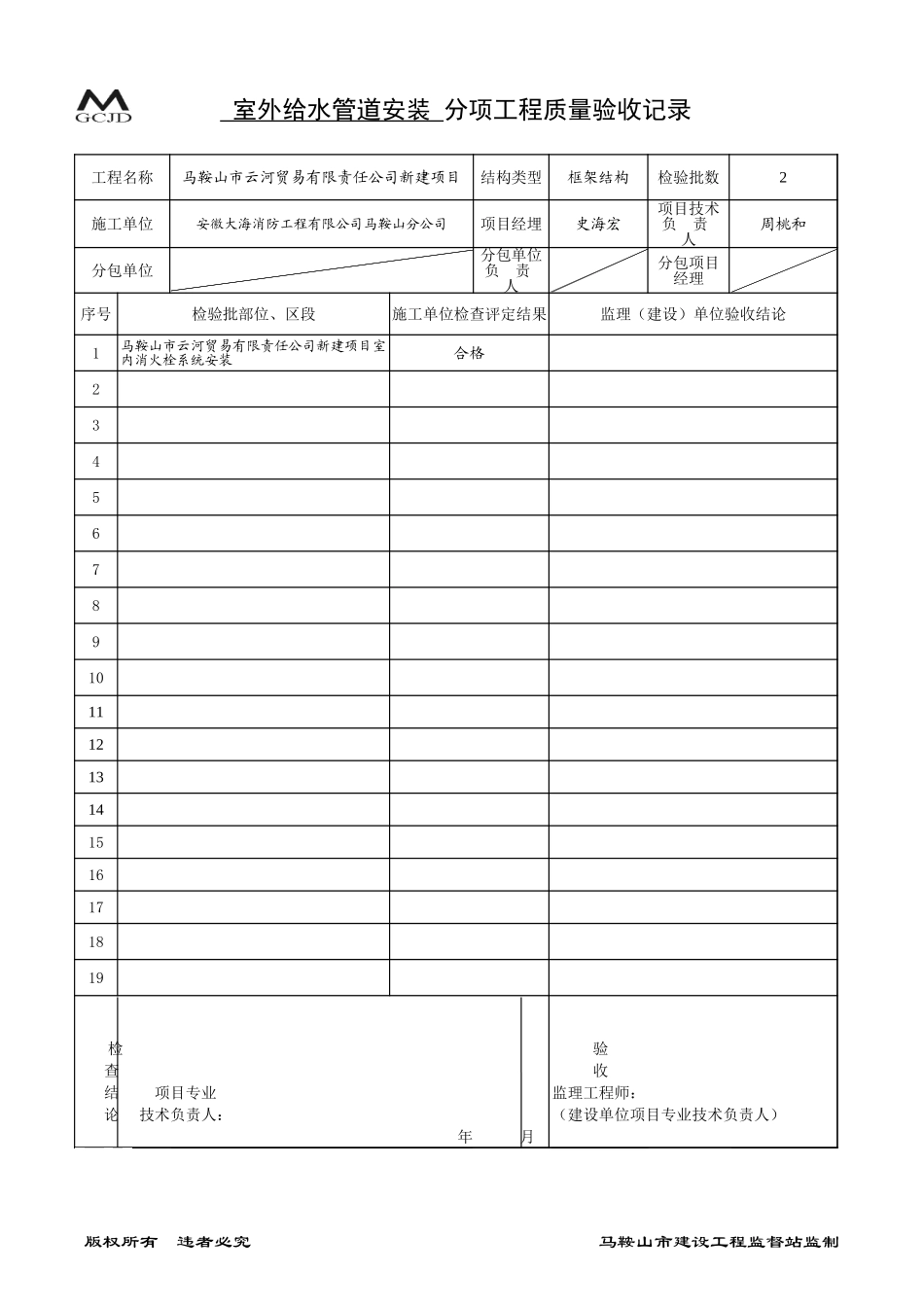室外给水管道安装分项验收记录（五-5）.xls_第1页