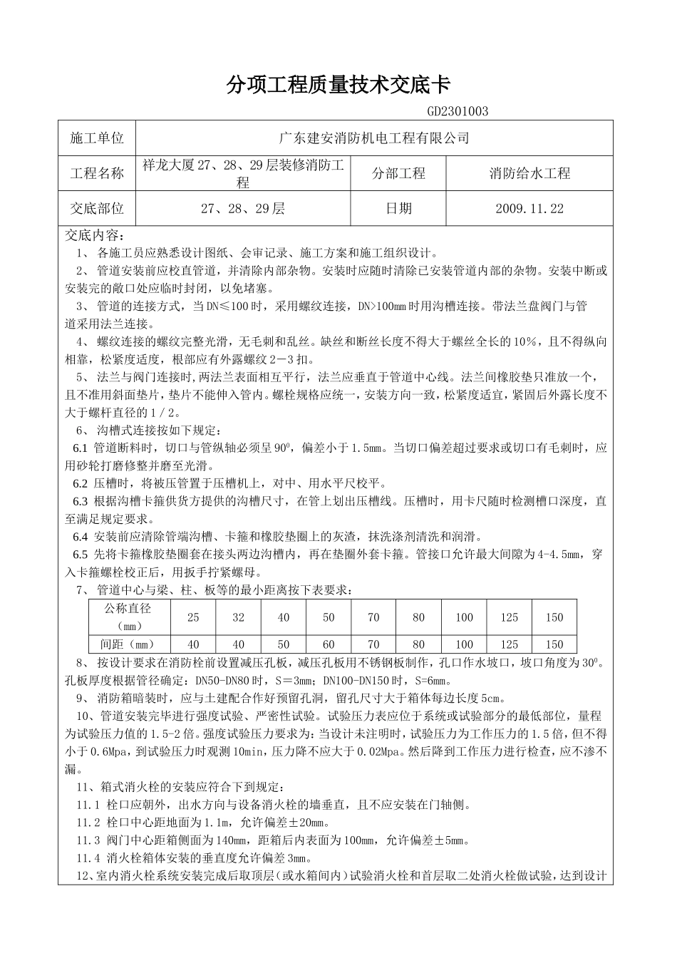 水电技术交底卡(消防给水).doc_第1页