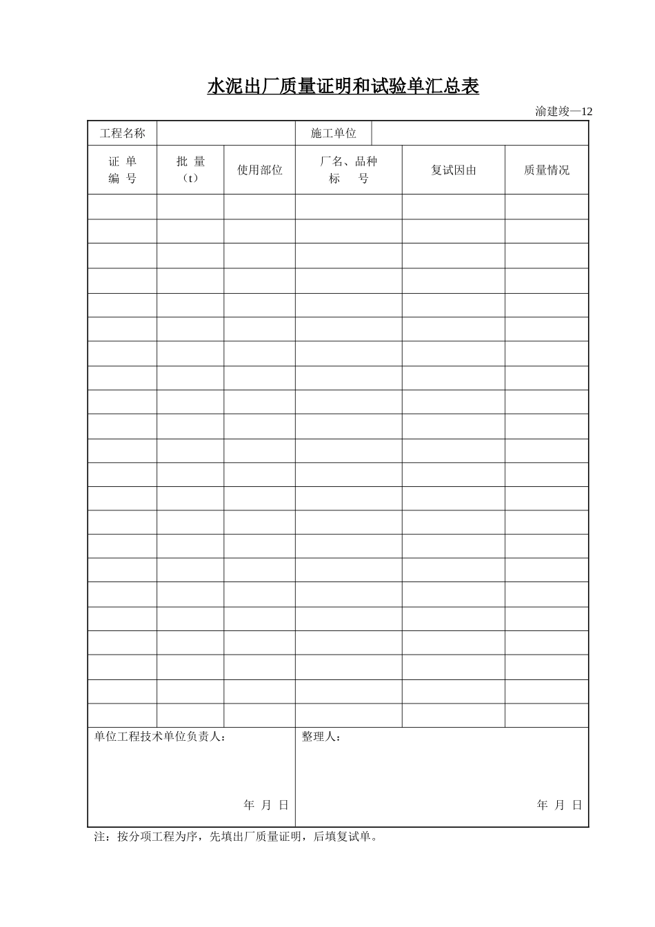 水泥出厂质量证明和试验单汇总表.doc_第1页