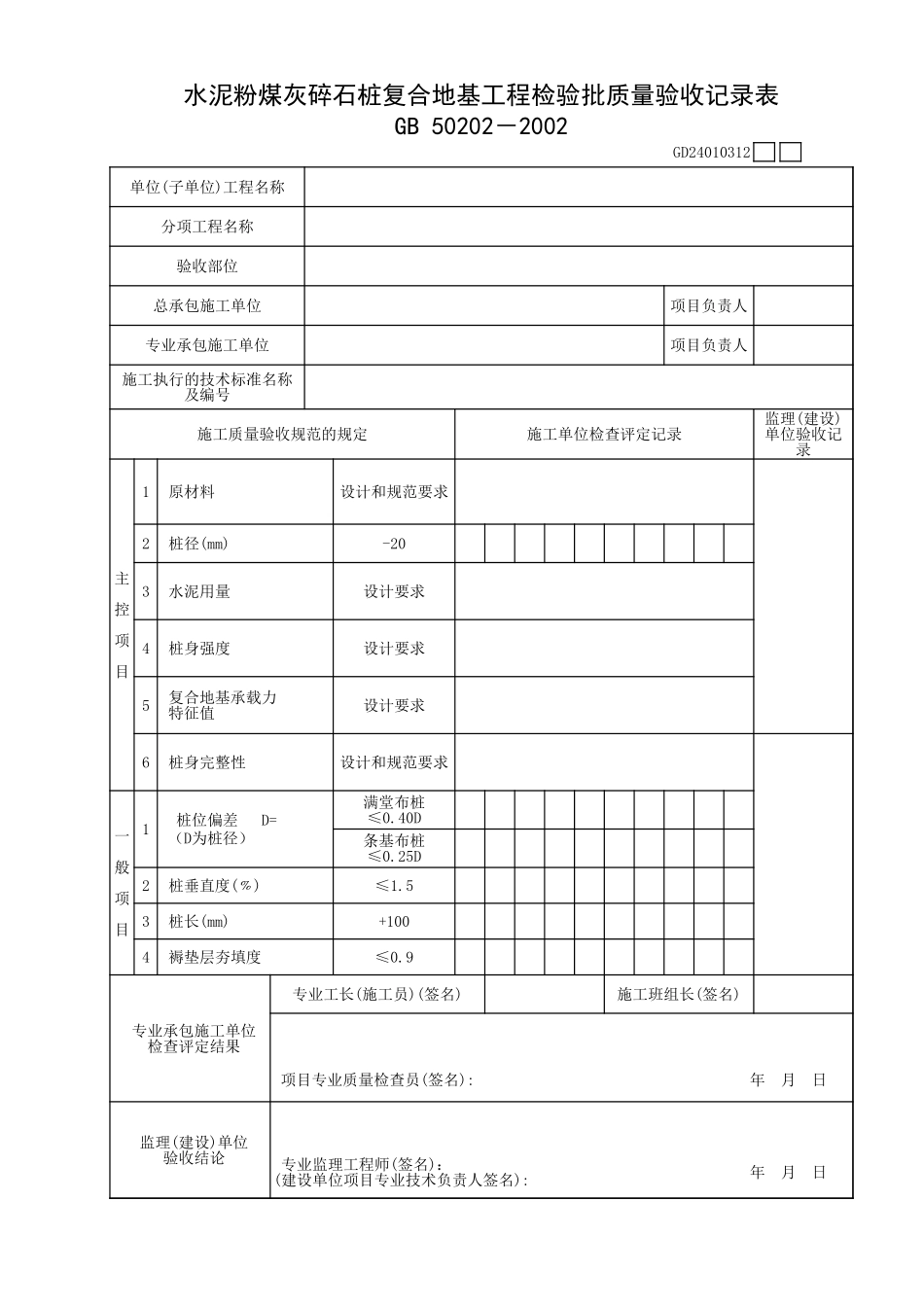 水泥粉煤灰碎石桩复合地基工程检验批质量验收记录表.xls_第1页