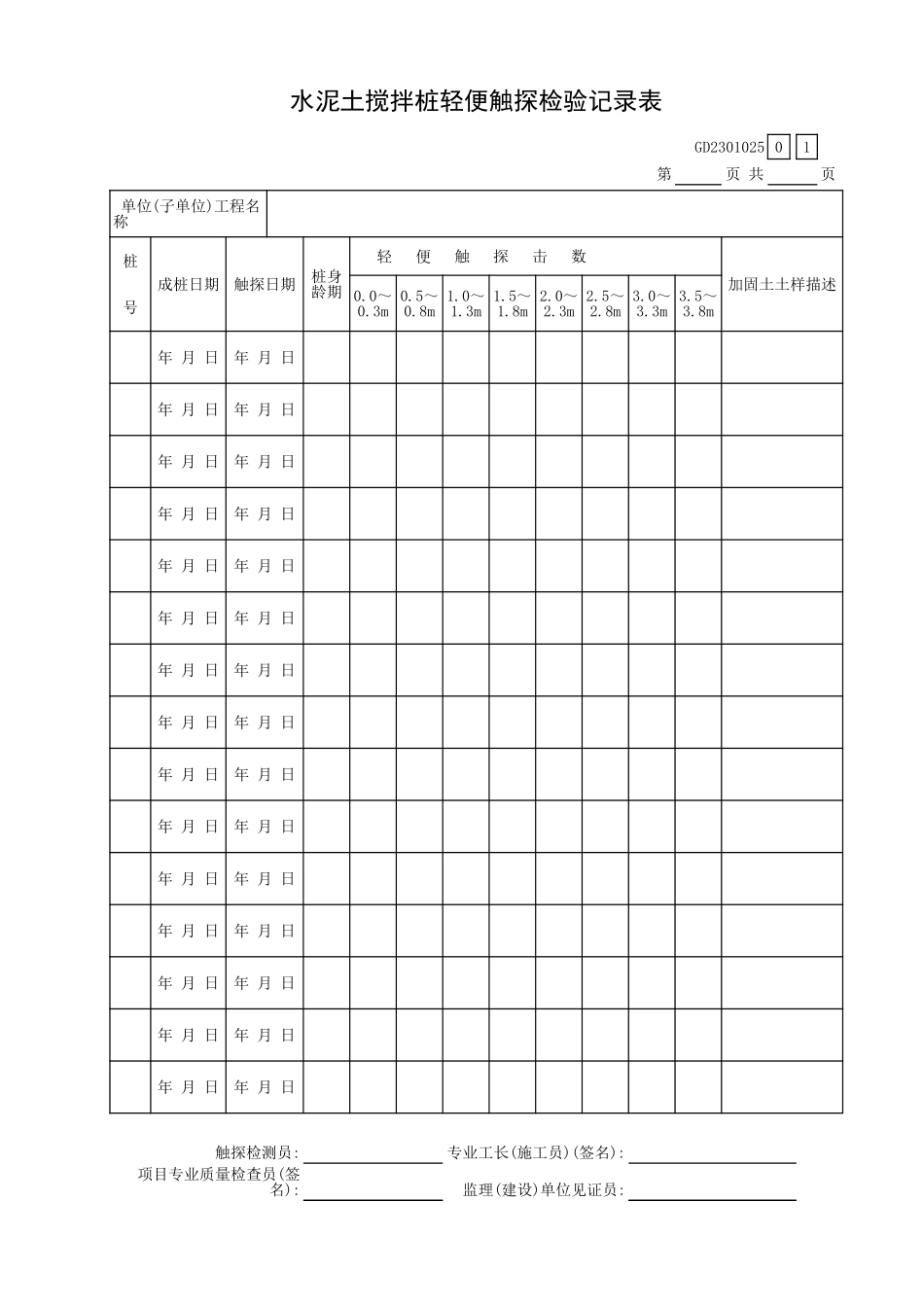 水泥土搅拌桩轻便触探检验记录表GD2301025.xls_第1页