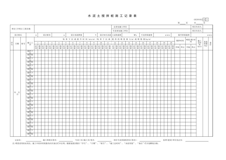 水泥土搅拌桩施工记录表GD2301022.xls_第1页