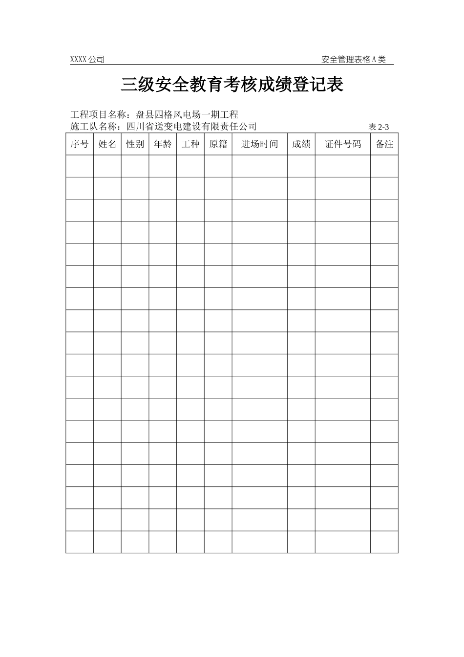 四格三级安全教育考核成绩登记表.doc_第1页