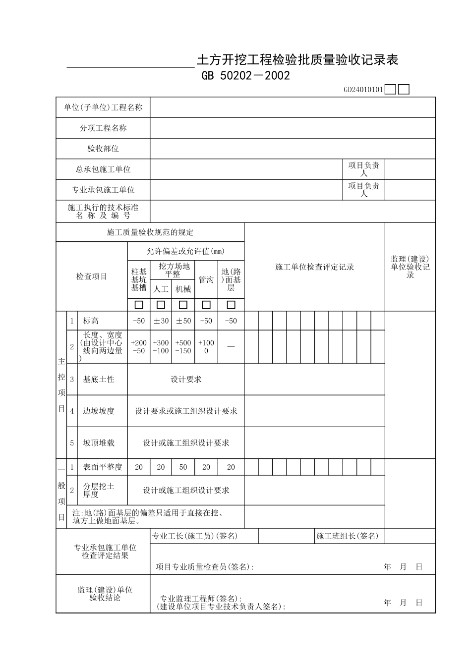 土方开挖工程检验批质量验收记录表.xls_第1页