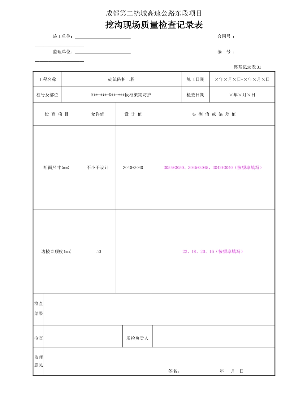 挖沟现场质量检查记录表（路基记录表31）.doc_第1页
