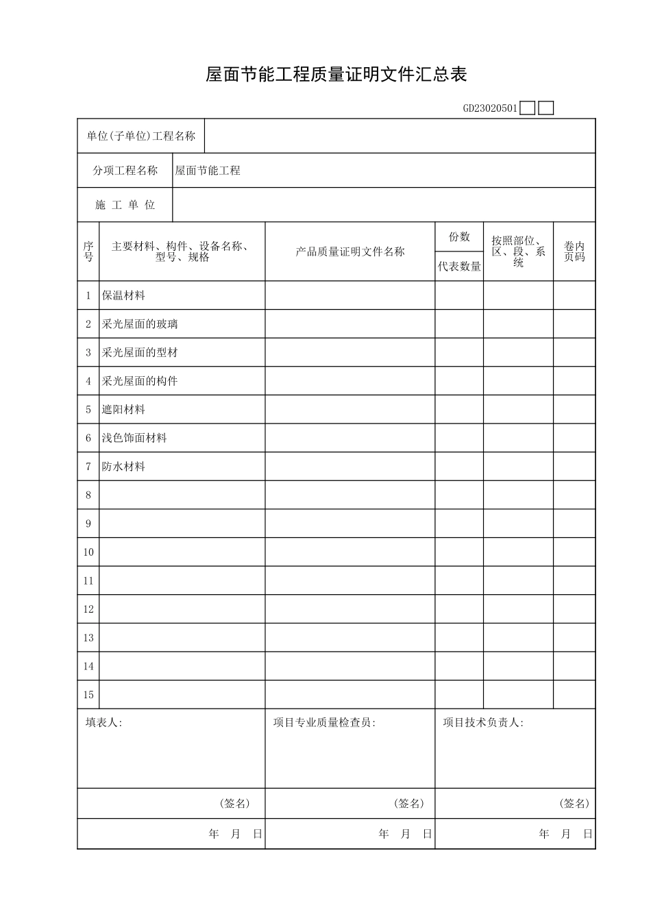 屋面节能工程质量证明文件汇总表GD23020501.xls_第1页