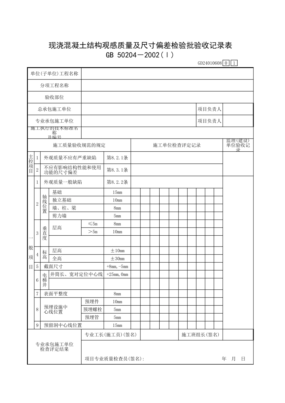 现浇混凝土结构观感质量及尺寸偏差检验批验收记录表.xls_第1页