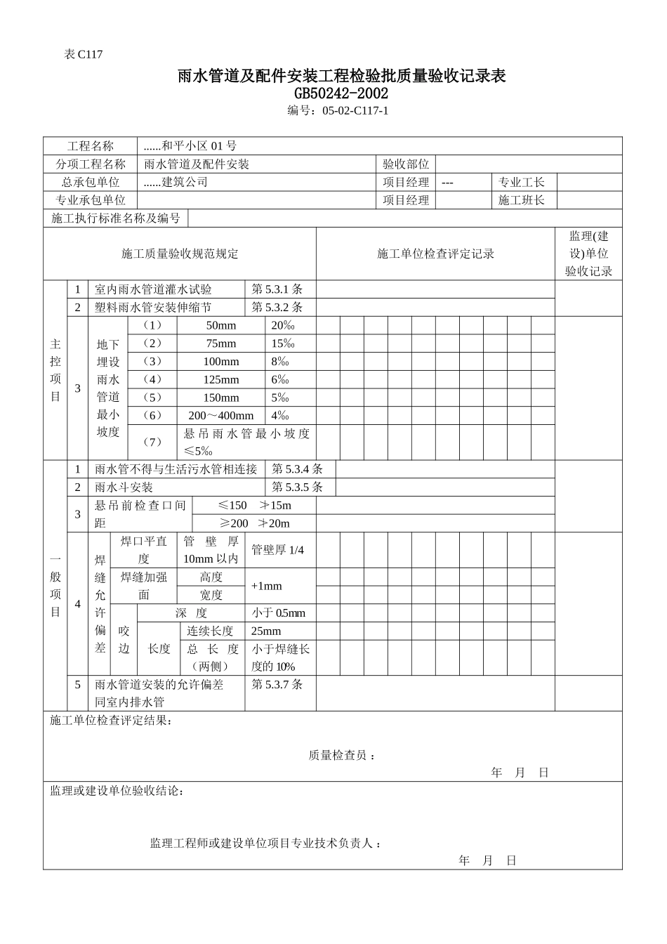 雨水管道及配件安装工程检验批质量验收记录表.doc_第1页