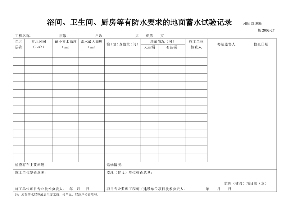 浴间、卫生间、厨房等有防水要求的地面蓄水试验记录 施2002-27.doc_第1页