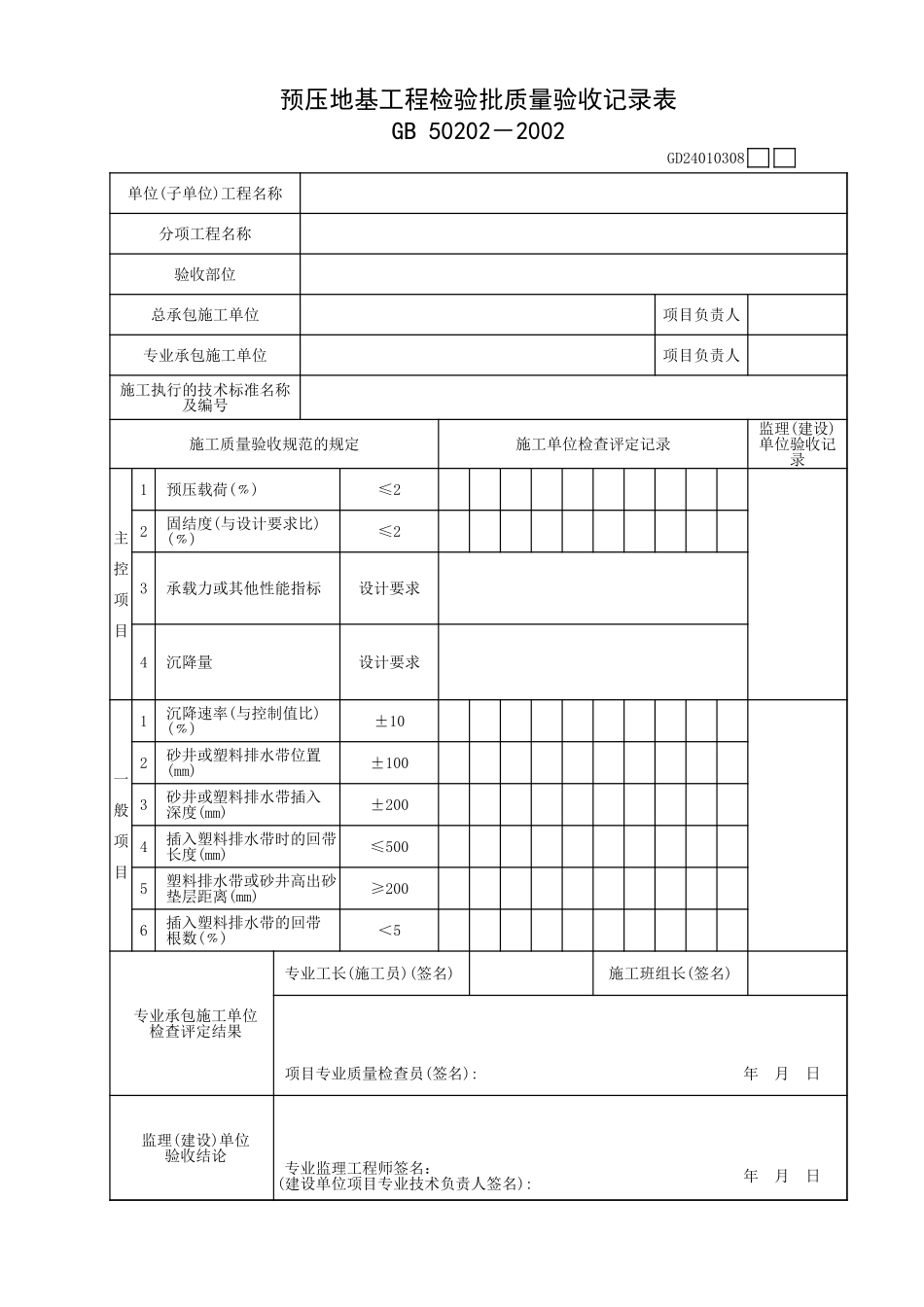 预压地基工程检验批质量验收记录表.xls_第1页