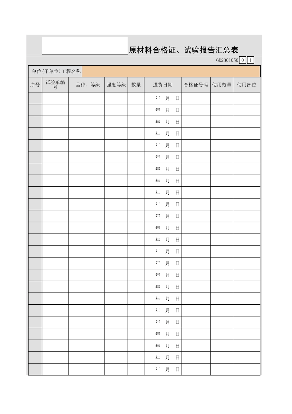 原材料合格证、试验报告汇总表GD2301050.xls_第1页