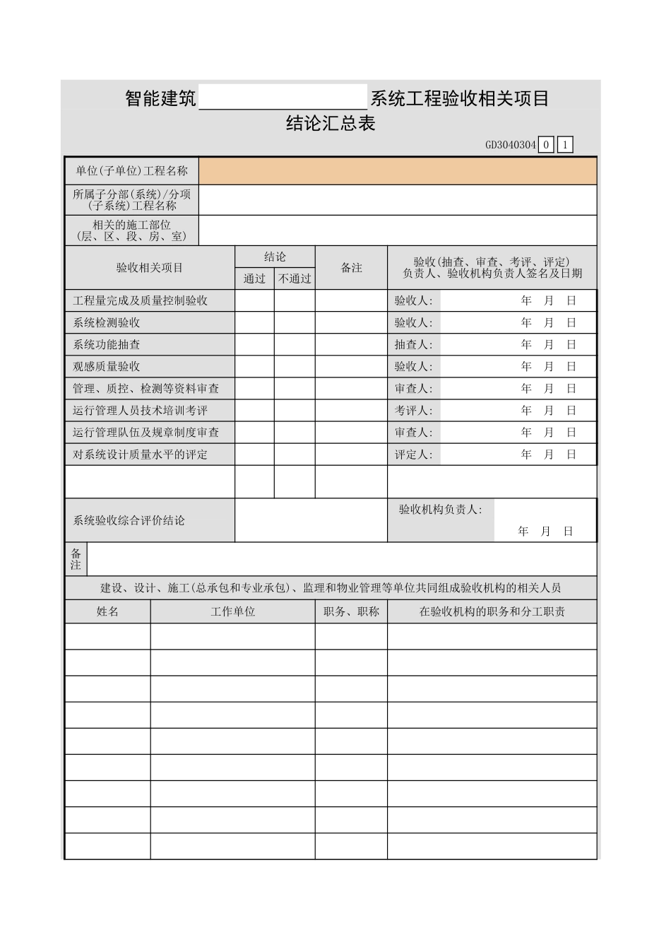 智能建筑______系统工程验收相关项目结论汇总表GD3040304.xls_第1页