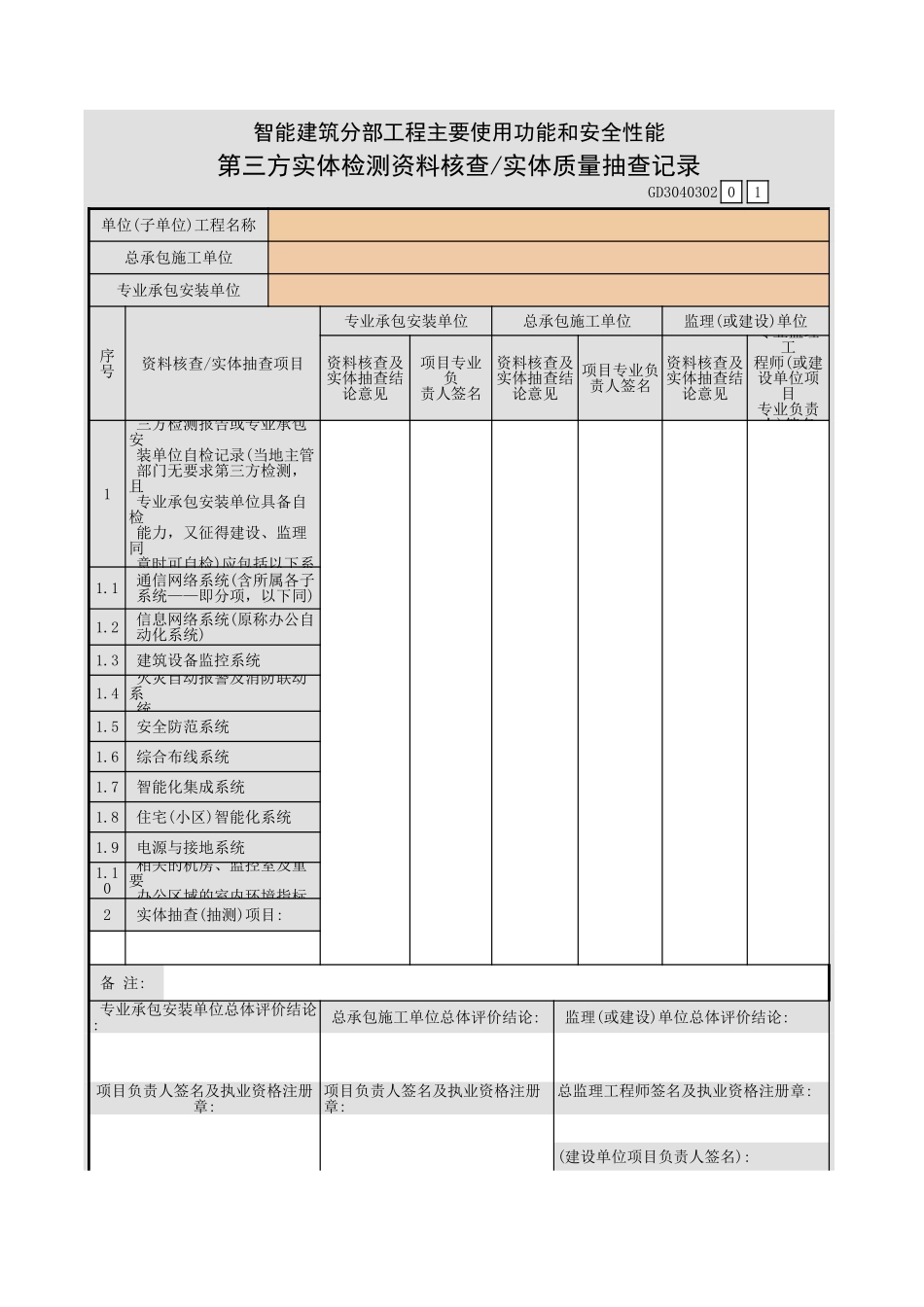 智能建筑分部工程主要使用功能和安全性能第三方实体检测资料核查 实体质量抽查记录GD3040302.xls_第1页