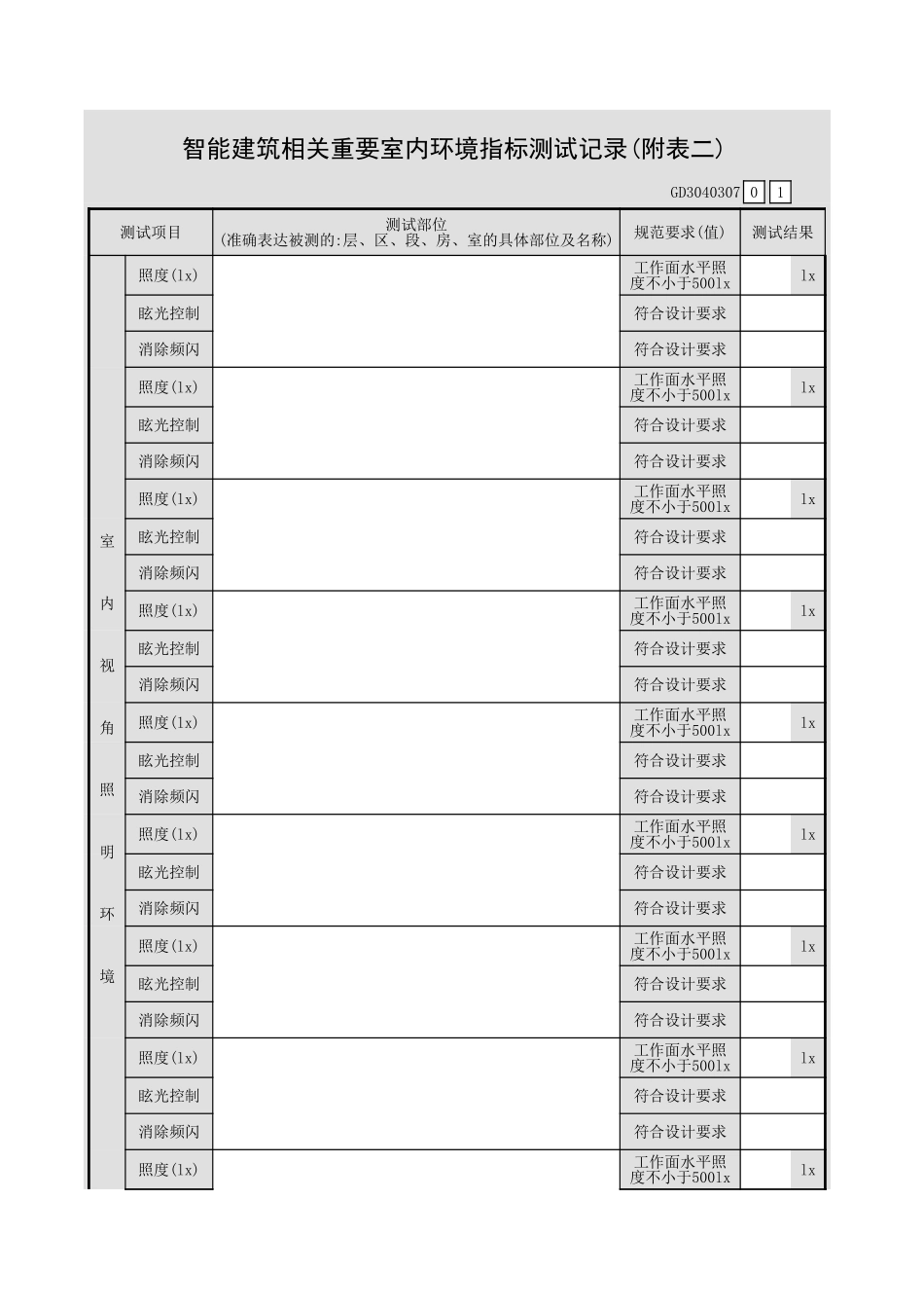 智能建筑相关重要室内环境指标测试记录(附表二)GD3040307.xls_第1页