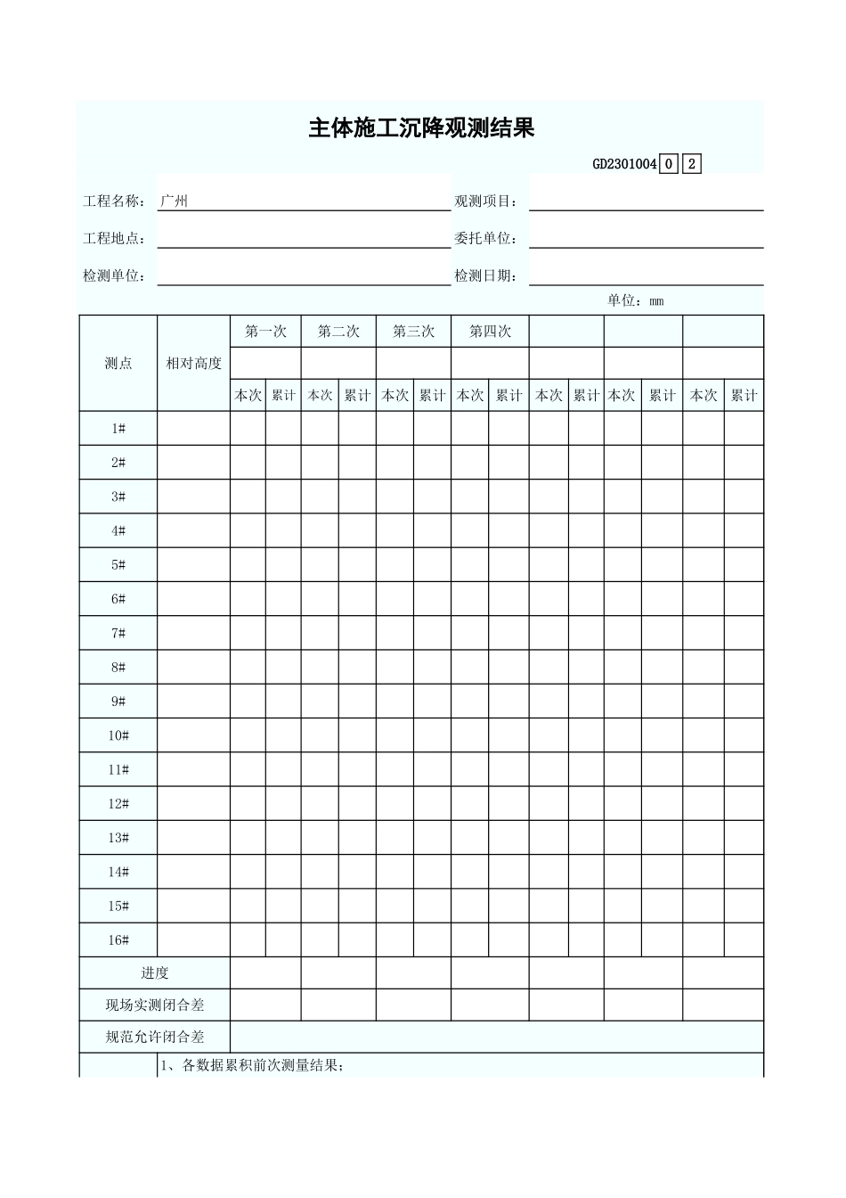 主体施工沉降观测结果 GD2301004.xls_第1页