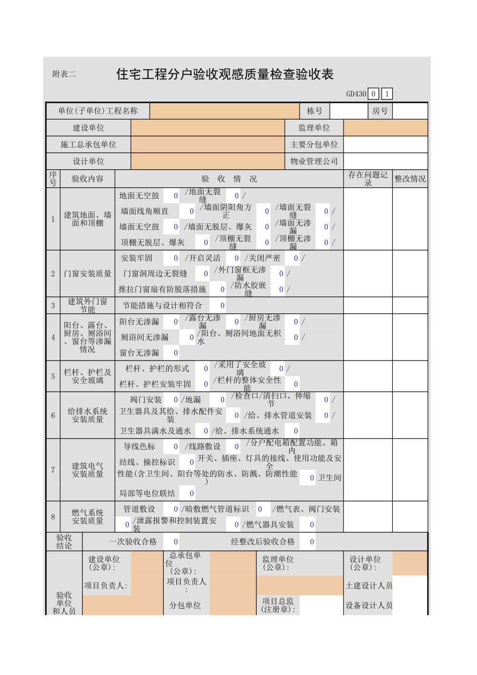 住宅工程分户验收观感质量检查验收表GD430.xls_第1页