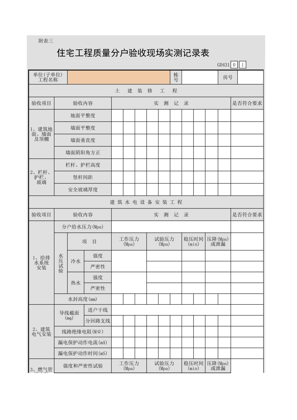 住宅工程质量分户验收现场实测记录表GD431.xls_第1页
